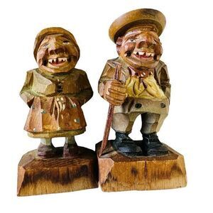 ANRI Wood Carvings Man With Walking Stick & Woman Teeth‎ Smile Folk Art Italy